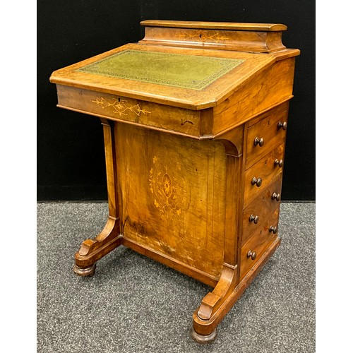 91 - A Victorian inlaid walnut Davenport desk, green tooled leather writing surface to the lift up lid, w... 