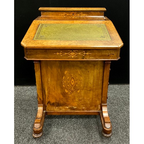 91 - A Victorian inlaid walnut Davenport desk, green tooled leather writing surface to the lift up lid, w... 