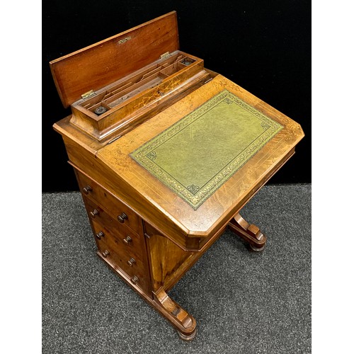 91 - A Victorian inlaid walnut Davenport desk, green tooled leather writing surface to the lift up lid, w... 