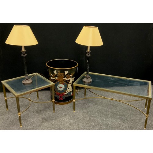 94 - A Maison Jansen style brass and glass coffee table, 42cm high x 92cm x 46.5cm;  matching lamp table;... 