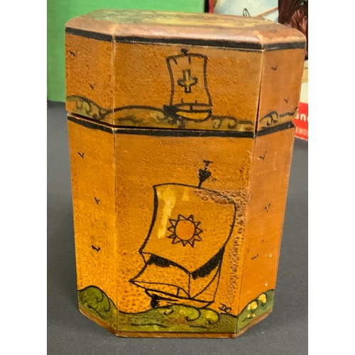 118 - Boxes & Objects - painted and pokerwork tea caddy, Desk magnifying glass, Pressed glass beaker, Swar... 