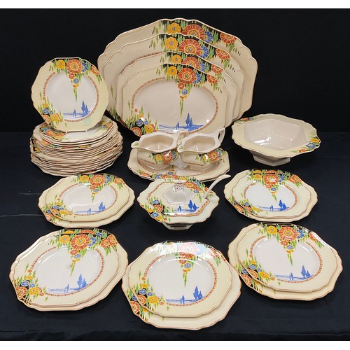 124 - Maddock ‘Sunburst/Minereva’ pattern art deco dinner service for twelve including; twelve dinner plat... 