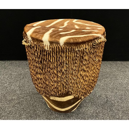 158 - An African Zebra skin drum, 52cm high x 43cm diameter.