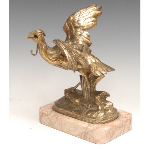 28 - An early 20th century gilt spelter novelty pocket watch stand, as a crane or ho-ho bird, rounded rec... 