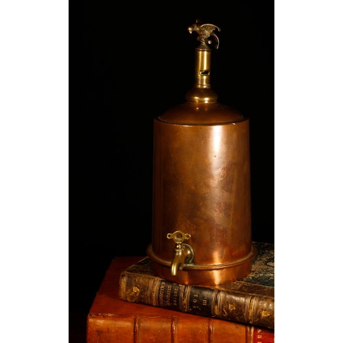 84 - An unusual 19th century copper and brass whistling samovar or urn, the whistle surmounted by a silve... 