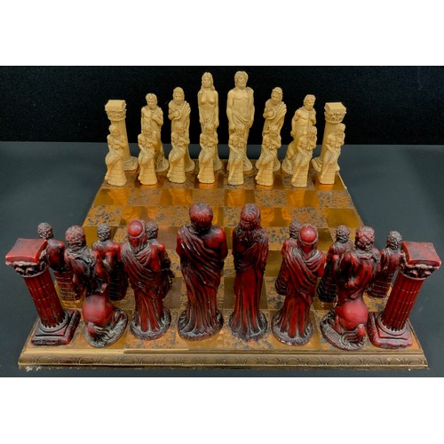 196 - A Greco-Roman mytical figures chess set, with Pan pawns, Centaur Knights, Zeus King, etc, king 16cm ... 