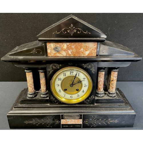 201 - A Belge Noir architectural mantel clock, Presented To R Roose, By His Fellow Keepers, Chatsworth Hou... 