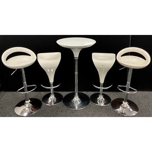 210 - A pair of contemporary white acrylic and ‘chrome’ rise and fall barstools, with a conforming circula... 