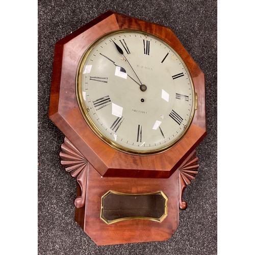 212 - A 19th century mahogany wall clock, 30 hour, Roman numerals, 57cm long