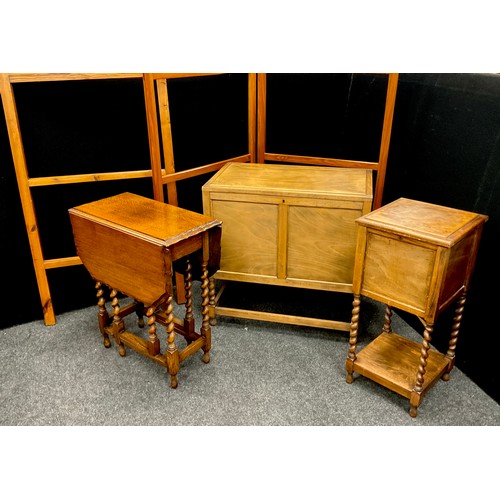 220 - Early to mid 20th century furniture including; a pair of concertina towel rails, sewing box on barle... 