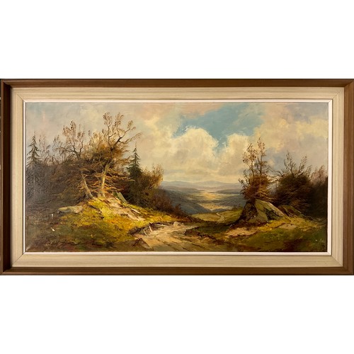 235 - H Dienst (German bn. 1931), 
The Majesty of Mountains, 
signed, oil on canvas, 51cm x 101cm.