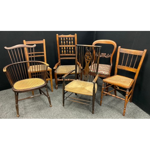 238 - A 20th century stick back chair, 84cm high, another similar; etc (6)