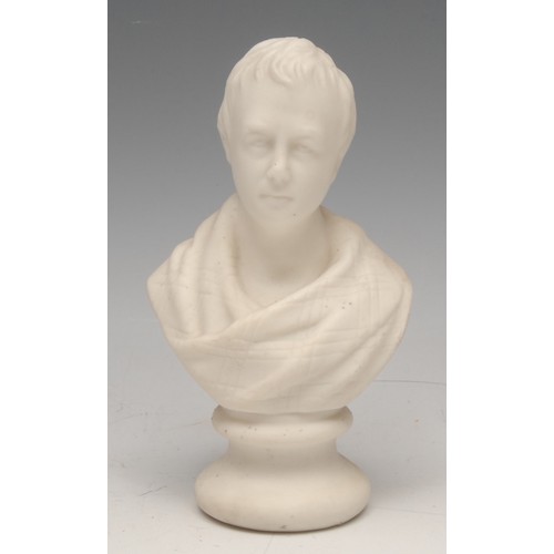 168 - A parian ware portrait bust, of Robert Burns, waisted socle, 13cm high; another, Sir Walter Scott; a... 