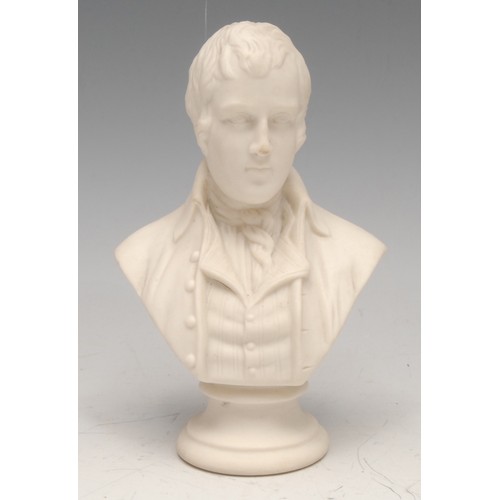 168 - A parian ware portrait bust, of Robert Burns, waisted socle, 13cm high; another, Sir Walter Scott; a... 