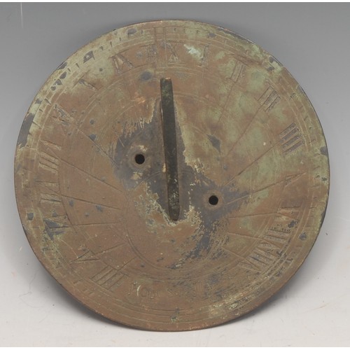 175 - A bronze circular sundial, Roman numerals, inscribed Hours Fly, 15cm diam, 19th/early 20th century