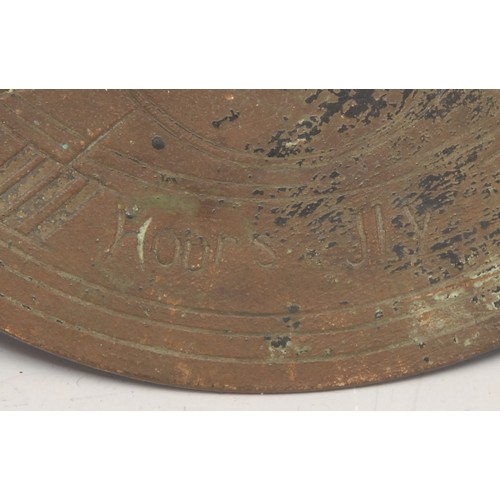 175 - A bronze circular sundial, Roman numerals, inscribed Hours Fly, 15cm diam, 19th/early 20th century