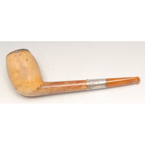 236 - A German silver coloured metal mounted meerschaum pipe, 16cm long, c.1900, cased; a cheroot holder, ... 