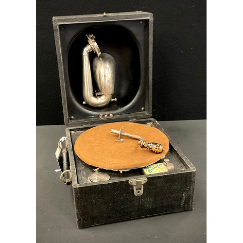 264 - A Vintage Decca portable gramophone, with winding handle and ‘songster’ tin of needles.