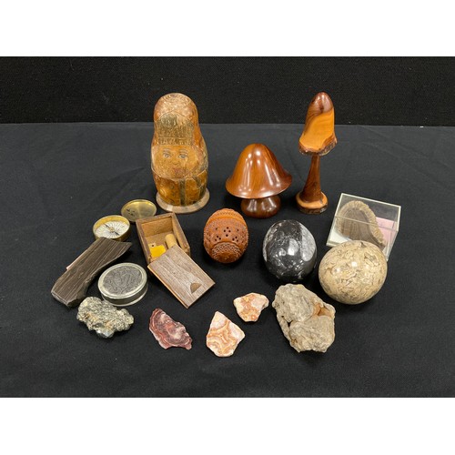 270 - Boxes and objects - A 19th century egg shaped coquilla nut snuff box; specimen stones including rose... 