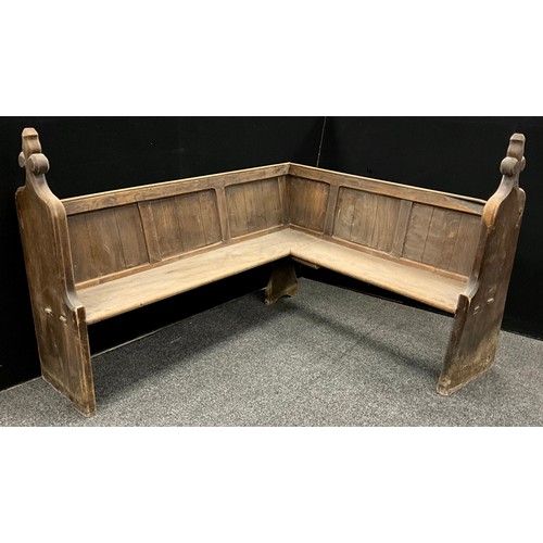 246 - A church corner pew, 171cm x 151cm.