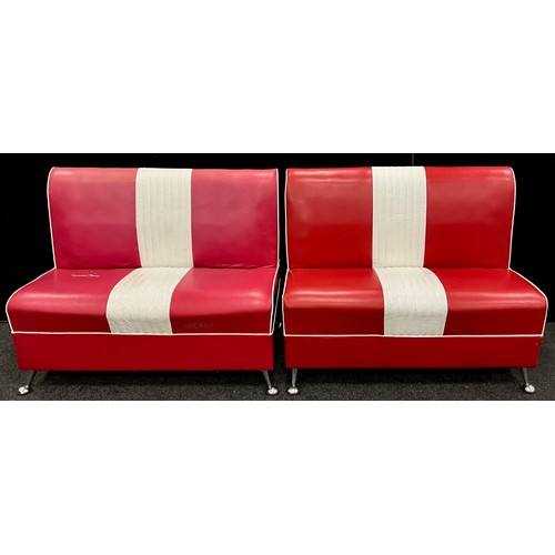 248 - A pair of ‘1960’s American Diner’ style red and white leatherette sofa / banquette seat, chrome legs... 