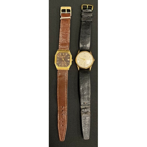 300 - A Record 9ct gold cased vintage wristwatch, 15 jewel manual wnd movement, black leather strap;  Accu... 