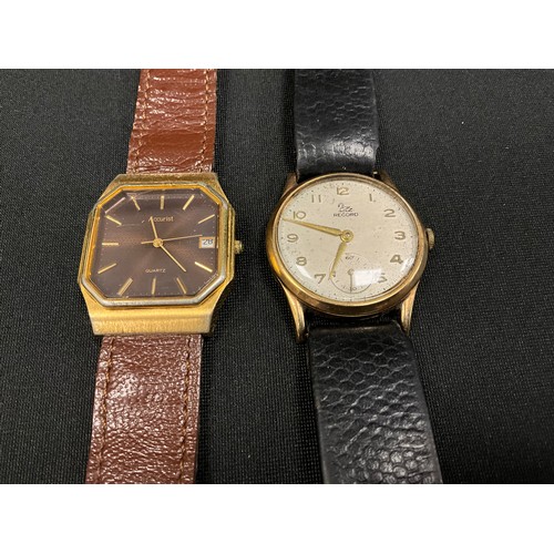 300 - A Record 9ct gold cased vintage wristwatch, 15 jewel manual wnd movement, black leather strap;  Accu... 