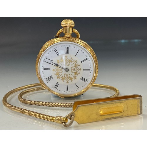 309 - A continental 18ct gold cased pocket watch, blue and white floral dial, gilt centre, blues spade han... 