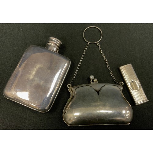 283 - Silver coin purse, cigar cutter, EDNS hip flask (3)