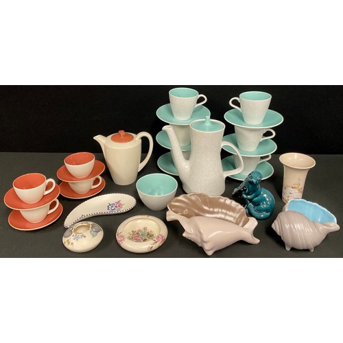 51 - A Poole pebble two tone coffee pot, cups and saucers, another part set similar in grey and red; a Po... 