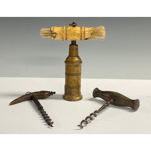 60 - A bronze patent corkscrew, bone handle; two others (3)