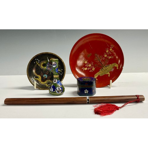 61 - A Japanese miniature samurai sword; a lacquer dish; a miniature long neck vase; a cloisonné dragon d... 