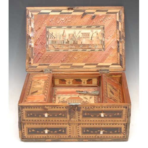 354 - A Napoleonic prisoner of war straw work box, hinged cover decorated with topographical views, enclos... 