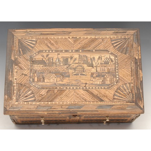 354 - A Napoleonic prisoner of war straw work box, hinged cover decorated with topographical views, enclos... 