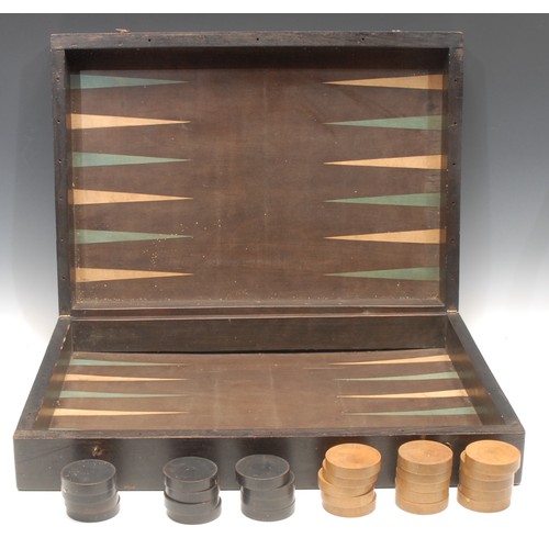 363 - A large 19th century parquetry and ebonised retangular games box, inlaid with a chess board, the int... 