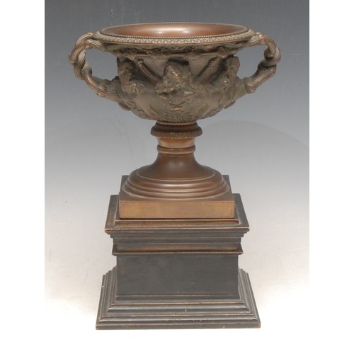 376 - A late 19th century brown patinated bronze mantel urn, cast in the Grand Tour taste after the Warwic... 