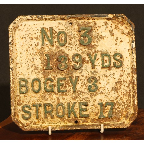 377 - Golf - a cast iron golf course plaque, No.3/139 yds//Bogey 3/Stroke 17, 18.5cm x 20cm