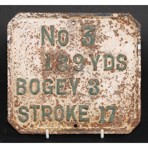 377 - Golf - a cast iron golf course plaque, No.3/139 yds//Bogey 3/Stroke 17, 18.5cm x 20cm