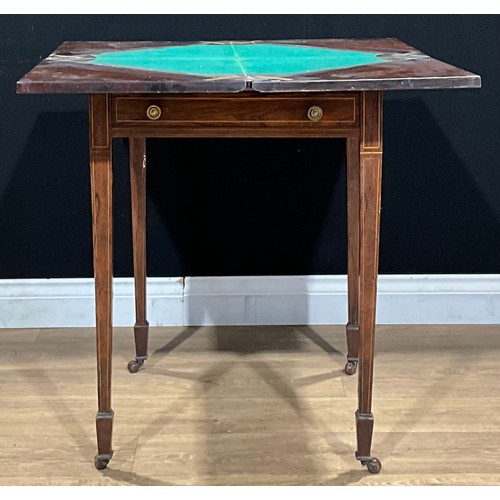 116 - An Edwardian rosewood and marquetry envelope card table, hinged top enclosing a baize lined playing ... 