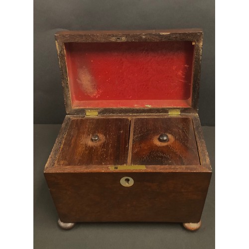 417 - A George III mahogany sarcophagus shaped tea caddy, mother-of-pearl escutcheon, pair of interior cov... 