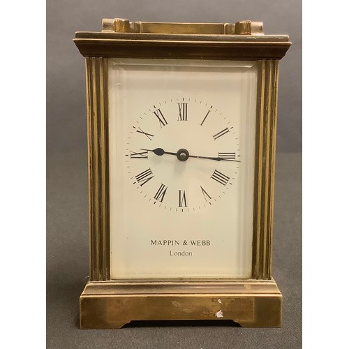 423 - A Mappin and Webb lacquered brass five glass carriage clock, white dial, Roman numerals, 15cm over s... 