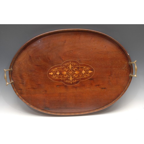 430 - A Sheraton Revival mahogany and marquetry oval gallery tray, banded border, brass carrying handles, ... 