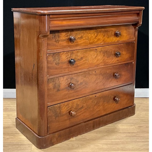 437 - A Victorian mahogany chest, slightly oversailing top above a long ogee moulded frieze drawer and fou... 