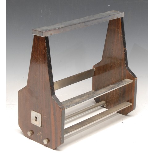 461 - An Art Deco rosewood and chrome two bottle tantalus frame, 27cm wide, c. 1940