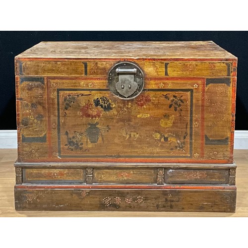 445 - A South-East Asian painted softwood dowry chest, hinged top, the front painted with flowers and temp... 