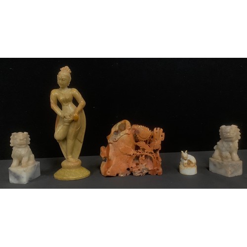 501 - A pair of Chinese carved soapstone Dogs of Fo, 11cm; a Chinese carved soapstone temple lion seal, 5.... 