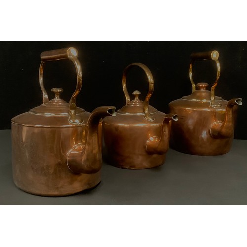 507 - A harlequin set of three 19th century copper hob kettles, tubular handles, the largest 34cm high, th... 