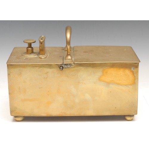 573 - A 19th century brass coin operated honour box bar top tobacco dispenser, 24cm wide