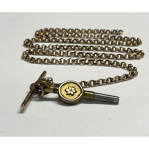 601 - A Victorian 9ct rose gold belcher chain, with 9ct gold T-bar and base metal pocket watch key, 10g