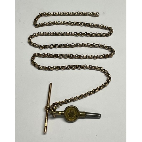 601 - A Victorian 9ct rose gold belcher chain, with 9ct gold T-bar and base metal pocket watch key, 10g